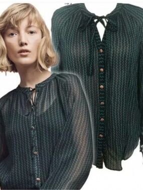 Sheer Dark Green Tie-Neck Blouse Fairycore Boho Workwear